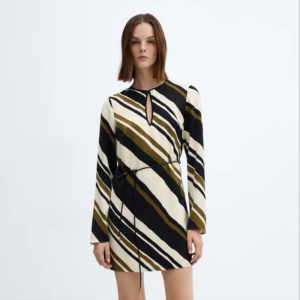 NWT MNG Mango Tie Waist Diagonal Stripe Silky Shift Mini Dress Long Sleeve 8